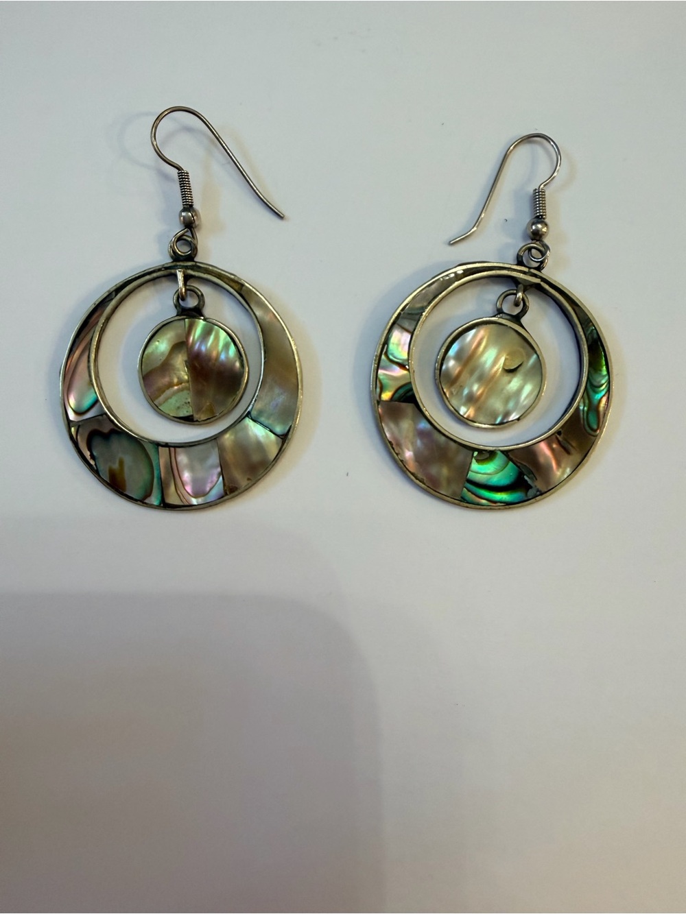 Iridescent Double-Ring Drop Earrings - Green & Purple Tones